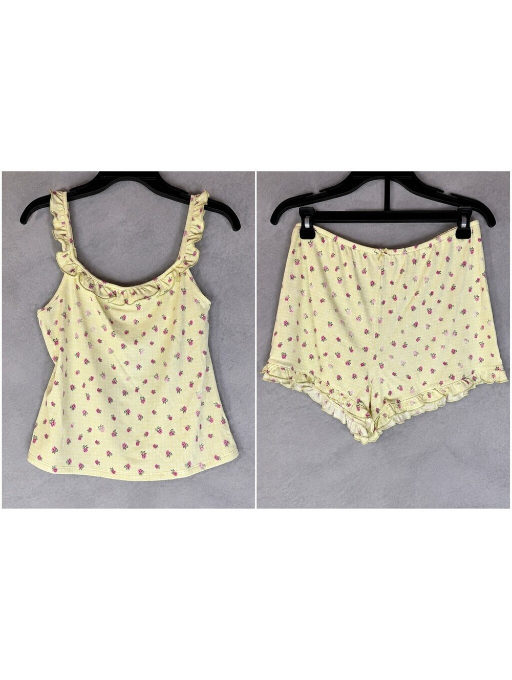No Boundaries Womens S 4-6 2 Piece Pajama Set Yellow Floral Ruffle Tank Shorts